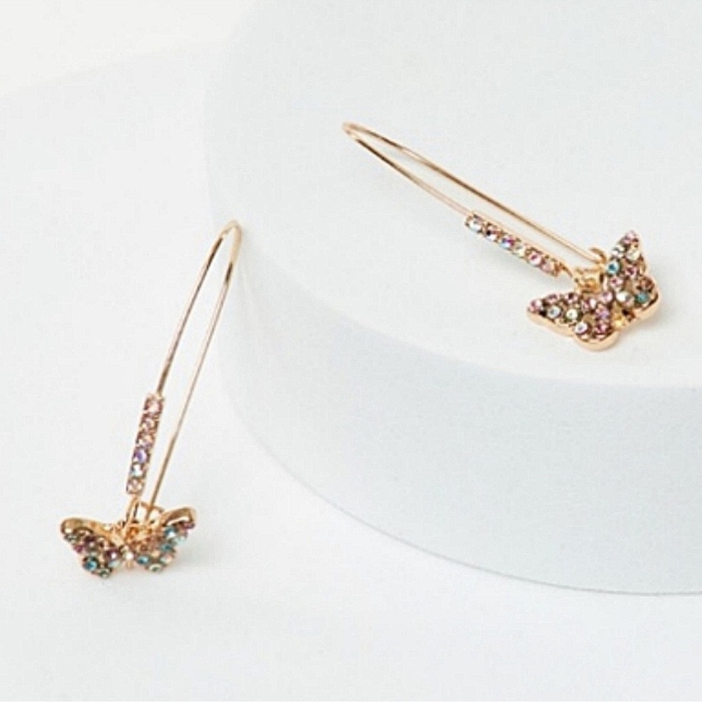 Betsey Johnson Pastel Rainbow Butterfly Long Drop/Dangle Hook Earrings NWT - Picture 1 of 3